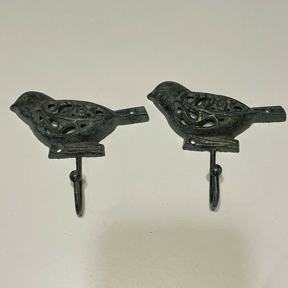 Cast Iron Metal Songbird Bird Bath Towel coat Jacket Hooks (2) Patina Look - Picture 2 of 8